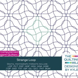 May include: A digital quilting pattern called "Strange Loop" for computerized longarm quilters. The pattern is designed by The Quilting Mill Designs by Kyle. The pattern includes digital pantograph formats: LDF, PLT, DXF, HQF, HQV, HQA, HQW, CQP, SSD, TXT, IQP, QLI, QCC, PAT, BQM.