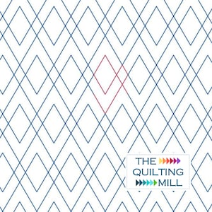 May include: A white background with a repeating pattern of blue diamond shapes. A single red diamond shape is in the center of the image. The text "THE QUILTING MILL" is in the lower right corner of the image.