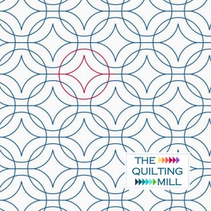 May include: A white background with a repeating pattern of blue circles and diamonds. The circles are overlapping and the diamonds are formed by the intersections of the circles. The text "THE QUILTING MILL" is in the lower right corner of the image.
