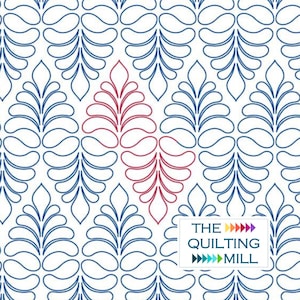 Pode incluir: Um padrão de acolchoado digital com um padrão repetitivo de folhas estilizadas azuis e vermelhas. O padrão é intitulado "The Quilting Mill".