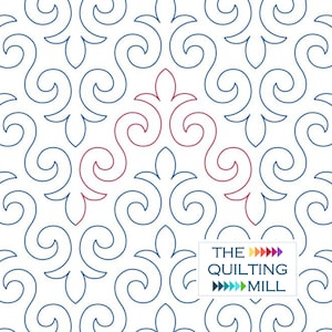 May include: A white background with a repeating pattern of blue and red swirls. The swirls are in a stylized floral design. The text "THE QUILTING MILL" is in the bottom right corner of the image.