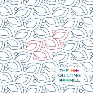 May include: A white background with a repeating pattern of blue leaf shapes, with a cluster of red leaf shapes in the center. The image includes the text "THE QUILTING MILL" in a white box with colorful arrows.