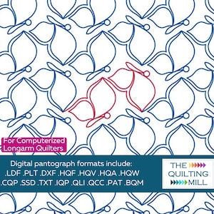 Könnte beinhalten: Digitales Quiltmuster mit einem sich wiederholenden floralen Design in Blau und Rot auf weißem Hintergrund. Das Bild enthält den Text "For Computerized Longarm Quilters" und eine Liste digitaler Pantographenformate.