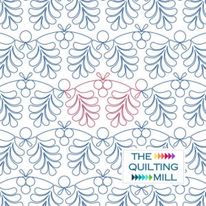 Könnte beinhalten: Ein digitales Quilting-Muster mit einem sich wiederholenden Design aus stilisierten blauen und roten Blättern und Beeren. Das Muster trägt den Titel "The Quilting Mill".