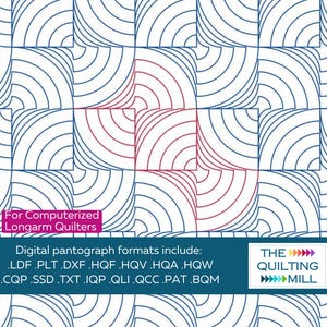 May include: Digital pantograph quilting pattern design. The design features a repeating pattern of curved lines within squares, with alternating blue and red colors. Text includes "For Computerized Longarm Quilters" and a list of digital formats.