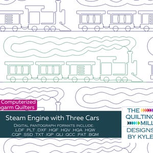 May include: A digital quilting pattern for a steam engine with three cars. The pattern includes a variety of digital formats, including LDF, PLT, DXF, HQF, HQV, HQA, HQW, CQP, SSD, TXT, IQP, QLI, QCC, PAT, and BQM. The pattern is designed by The Quilting Mill Designs by Kyle.
