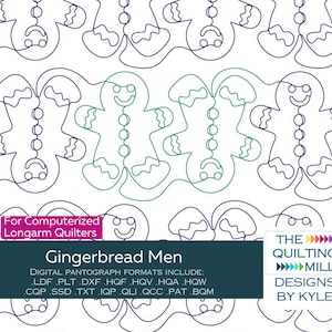 May include: A digital pantograph design featuring a repeating pattern of gingerbread men. The design is in a line art style, with the gingerbread men outlined in black and a few in green. Text includes "Gingerbread Men" and "The Quilting Mill Designs by Kyle."