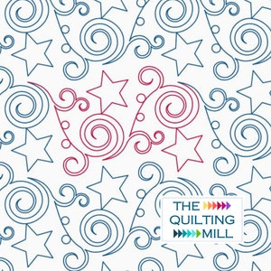 May include: A white background features a repeating pattern of blue stars, swirls, and red swirls with stars. The text "THE QUILTING MILL" is in a white rectangle in the lower right corner.