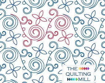 May include: A seamless pattern featuring blue and red swirls and floral designs on a white background. The text "THE QUILTING MILL" is in the bottom right corner of the image.