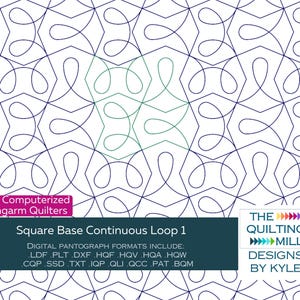 Puede incluir: Un patrón de acolchado digital para acolchadores de brazo largo llamado "Square Base Continuous Loop 1". El patrón es un diseño geométrico con un patrón repetitivo de bucles y curvas. El patrón está disponible en múltiples formatos digitales, incluidos LDF, PLT, DXF, HQF, HQV, HQA, HQW, CQP, SSD, TXT, IQP, QLI, QCC, PAT y BQM.