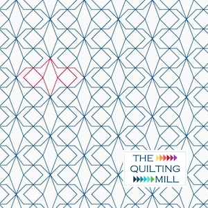 May include: A white background with a repeating geometric pattern of blue lines forming diamonds and hexagons. The text "THE QUILTING MILL" is in the lower right corner with colorful arrows.
