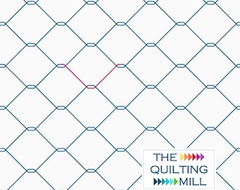May include: A white background with a blue chain link pattern. A red line forms a V shape in the center of the image. The text "THE QUILTING MILL" is in the lower right corner with colorful arrows.