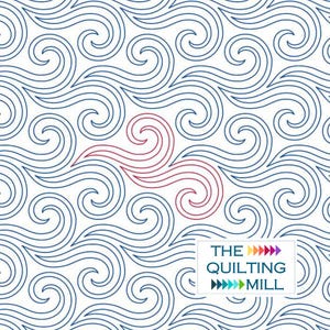 May include: A white background featuring a repeating pattern of blue swirls. A red swirl design is centrally placed. The text "THE QUILTING MILL" is in a white rectangle in the lower right corner.