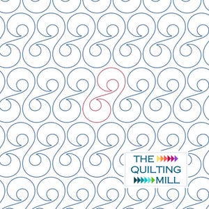 May include: A repeating pattern of blue, wave-like swirls on a white background. One swirl is highlighted in red. The image includes the text "THE QUILTING MILL" in a white rectangle with colorful arrows.
