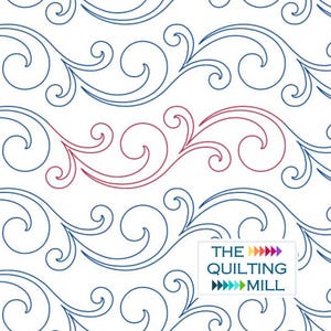 May include: A white background featuring a repeating pattern of blue and red swirling lines, resembling floral or vine-like designs. The text "THE QUILTING MILL" is in a white rectangle in the lower right corner.