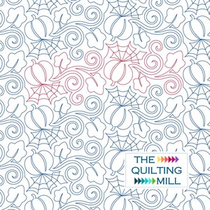 May include: A seamless pattern featuring blue and red pumpkin vines with spiderwebs. The pattern is on a white background. The text "THE QUILTING MILL" is in the bottom right corner of the image.