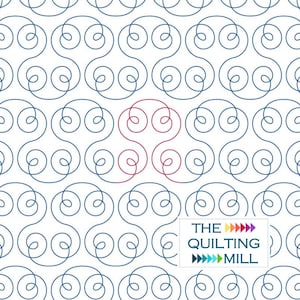 May include: A repeating pattern of blue and red swirling lines on a white background. The design features a series of interconnected, stylized S-shapes. The text "THE QUILTING MILL" is in a white rectangle with colorful arrows.