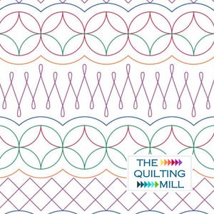 May include: A seamless pattern of repeating geometric shapes in blue, green, red, and purple on a white background. The pattern includes circles, diamonds, and wavy lines. The text "THE QUILTING MILL" is in the bottom right corner.