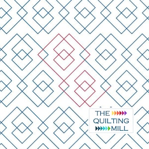 Pode incluir: Um fundo branco com um padrão repetitivo de quadrados azuis. Um quadrado vermelho com um quadrado vermelho menor dentro está no centro da imagem. O texto "THE QUILTING MILL" está no canto inferior direito da imagem.