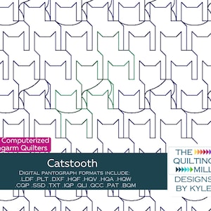 Pode incluir: Um padrão de acolchoado digital preto e branco chamado "Catstooth" para acolchoadores de braço longo. O padrão é composto por formas de gato que se repetem. O texto "For Computerized Longarm Quilters" e "The Quilting Mill Designs by Kyle" também está incluído na imagem.