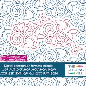 Puede incluir: Un diseño de pantografía digital para acolchadoras de brazo largo con un patrón floral en espiral en rojo y azul. El diseño está disponible en múltiples formatos, incluyendo .LDF, .PLT, .DXF, .HQF, .HQV, .HQA, .HQW, .CQP, .SSD, .TXT, .IQP, .QLI, .QCC, .PAT y .BQM. El diseño es de The Quilting Mill.