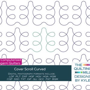 Könnte beinhalten: Ein digitales Quilting-Muster namens "Cover Scroll Curved" für Longarm-Quilter. Das Muster wurde von The Quilting Mill Designs by Kyle entworfen. Das Muster umfasst eine Vielzahl digitaler Formate, darunter LDF, PLT, DXF, HQF, HQV, HQA, HQW, CQP, SSD, TXT, IQP, QLI, QCC, PAT und BQM.