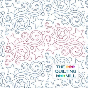 May include: A white background with a repeating pattern of blue and red swirls and stars. The text "THE QUILTING MILL" is in the lower right corner.