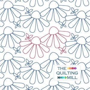 以下が含まれることがあります： 白い背景に、青と赤のデイジーのような花が並んだシームレスなパターン。画像の右下隅に「THE QUILTING MILL」というテキストがあります。