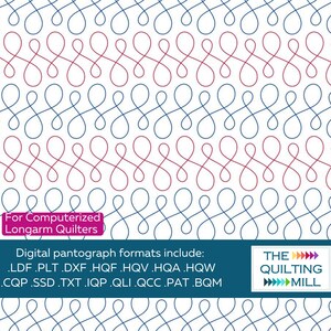 Pode incluir: Design de padrão de acolchoado digital com um design abstrato repetitivo e fluido em linhas alternadas de azul e bordô. A imagem inclui o texto "For Computerized Longarm Quilters" e lista formatos de arquivo digital.