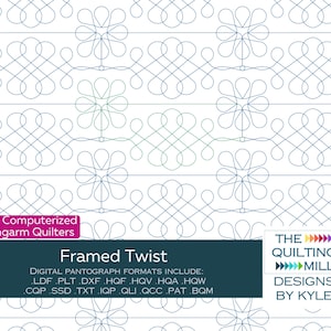 Puede incluir: Un diseño de acolchado digital llamado "Framed Twist" para acolchadoras de brazo largo. El diseño presenta un patrón repetitivo de círculos entrelazados y formas de flores. El diseño está disponible en múltiples formatos digitales, incluidos LDF, PLT, DXF, HQF, HQV, HQA, HQW, CQP, SSD, TXT, IQP, QLI, QCC, PAT y BQM. El diseño es de The Quilting Mill Designs by Kyle.