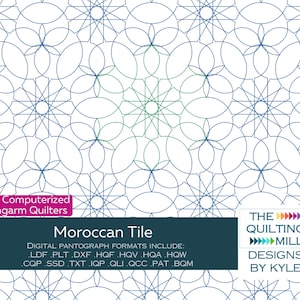May include: A digital pantograph design for computerized longarm quilters. The design features a repeating Moroccan tile pattern in shades of blue and green on a white background. The text "Moroccan Tile" is displayed.