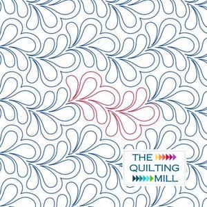 May include: A white background with a repeating pattern of blue teardrop shapes. A section of red teardrop shapes is in the center. The text "THE QUILTING MILL" is in the bottom right corner.