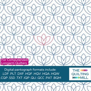 May include: A digital quilting pattern featuring a repeating floral design in navy blue on a white background. The image includes the text "For Computerized Longarm Quilters" and a list of digital pantograph formats. The logo for The Quilting Mill is also present.