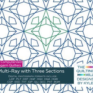 Op de afbeelding: Een digitaal quiltpatroon genaamd "Multi-Ray with Three Sections" voor longarm quilters. Het patroon heeft een geometrisch ontwerp met blauwe lijnen op een witte achtergrond. De tekst "THE QUILTING MILL DESIGNS BY KYLE" staat in de rechterbenedenhoek.