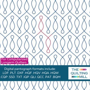 Pode incluir: Um design de pantografia digital para quilters de braço longo com um padrão repetitivo de linhas curvas azuis sobre um fundo branco. O texto "For Computerized Longarm Quilters" está em um retângulo rosa. O texto "Digital pantograph formats include: .LDF .PLT .DXF .HQF .HQV .HQA .HQW .CQP .SSD .TXT .IQP .QLI .QCC .PAT .BQM" está em texto preto. O texto "THE QUILTING ►►►MILL" está em texto branco sobre um fundo azul.