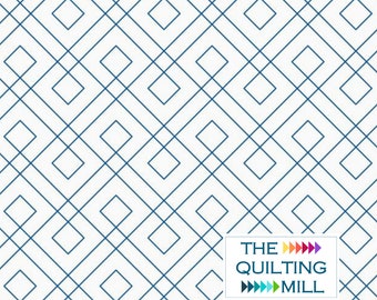 May include: A seamless pattern of blue lines forming a geometric design of squares and diamonds on a white background. The text "THE QUILTING MILL" is in the bottom right corner.