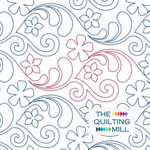 May include: A digital quilting pattern featuring a repeating design of blue and red swirls and stylized flowers. The pattern is titled "The Quilting Mill".