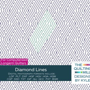 Może przedstawiać: Cyfrowy wzór pikowania zatytułowany "Diamond Lines" z geometrycznym wzorem w kolorze granatowym i centralnym zielonym kształtem rombu. Zawiera formaty plików dla skomputeryzowanych pikowarek długoramiennych. Logo The Quilting Mill Designs by Kyle znajduje się w prawym dolnym rogu.
