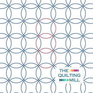 Może przedstawiać: Białe tło z powtarzającym się wzorem niebieskich kół, które nakładają się na siebie tworząc siatkę. W środku obrazu cztery koła są wyróżnione na czerwono.