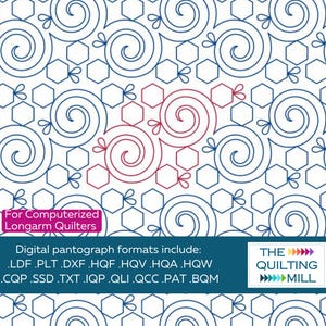 May include: Digital quilting pattern featuring a repeating design of blue swirls and hexagons on a white background. A section of the design is highlighted in red. The image includes text: "For Computerized Longarm Quilters" and a list of digital formats.