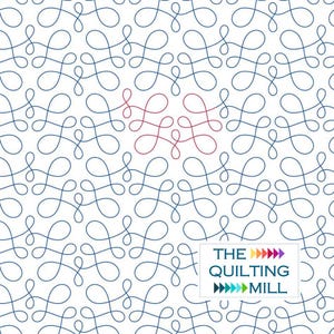 May include: White fabric with a repeating pattern of blue and red swirling lines. The design includes a cluster of red lines in the center. The text "THE QUILTING MILL" is in a white rectangle in the lower right corner.