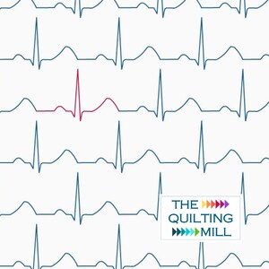 May include: A white background with a repeating pattern of blue heart rate lines. One line is red, and the bottom right corner has a logo that says "THE QUILTING MILL" with colorful arrows.