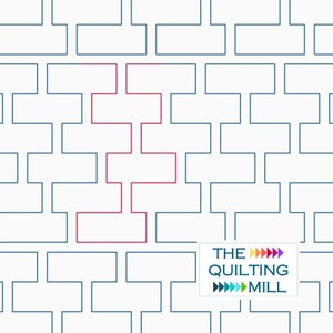 May include: A white background with a blue geometric pattern. A red cross shape is superimposed on the pattern. The text "THE QUILTING MILL" is in the lower right corner with colorful arrows.