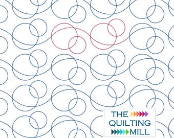 May include: A white background with a repeating pattern of blue and red swirls. The text "THE QUILTING MILL" is in the bottom right corner of the image.