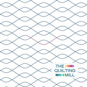 May include: A white background with a repeating pattern of blue wavy lines. A single red wavy line intersects the blue lines. The logo for "The Quilting Mill" is in the bottom right corner.