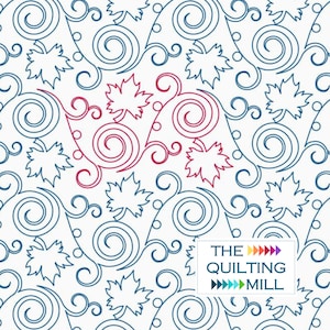 May include: A seamless pattern featuring blue and red swirling vines with maple leaves. The pattern is on a white background. The text "THE QUILTING MILL" is in the bottom right corner.