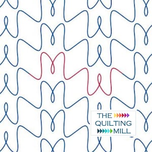May include: A white background with a repeating pattern of blue and red wavy lines. The lines are arranged in a symmetrical pattern, creating a sense of movement and flow. The text "THE QUILTING MILL" is in the lower right corner of the image.