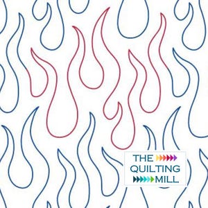 May include: A seamless pattern of blue and red flame shapes on a white background. The pattern is repeated throughout the image. The text "THE QUILTING MILL" is in the bottom right corner of the image.
