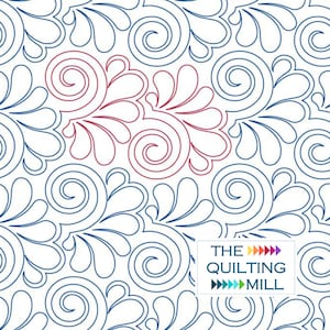 May include: A white background with a repeating pattern of blue and red swirls and leaves. The text "THE QUILTING MILL" is in the bottom right corner.