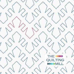 May include: A white background with a repeating geometric pattern in blue. A red geometric pattern is superimposed on the blue pattern. The text "THE QUILTING MILL" is in the lower right corner with a rainbow of arrows.